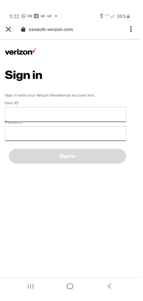 Verizon Sign in Screen.