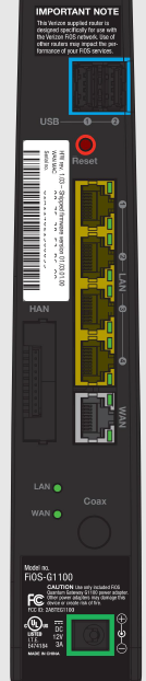 Rear view of Fios Quantum Gateway router highlighting the recessed reset button on the lower section of the device.