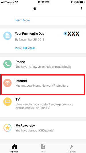 My Fios App - Internet screen