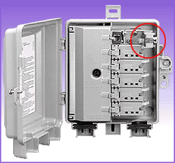 Open network interface device showing location upper right where phone lines plug into jack connection.