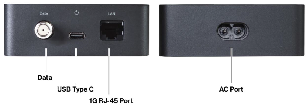 Steam TV MoCA Ethernet Adapter front and rear view 4 inch square black box with coax data port, USB Type C port and 1GRJ-45 port on the front and power adaptor port on the back.