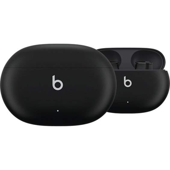 Product view of the Beats Studio Buds True Wireless Noise Cancelling Earbuds in Black in their case.