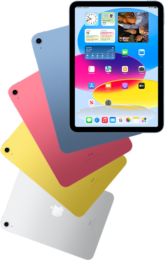 Vista frontal del iPad mostrando la pantalla de inicio con iPads azul, rosa, amarillo y color plata atrás.