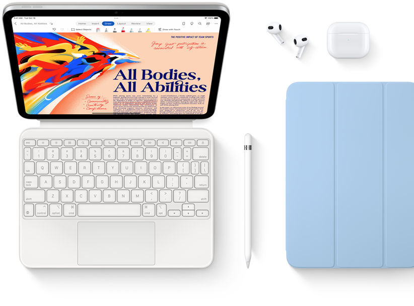 Imagen de un iPad, Magic Keyboard Folio, Apple Pencil, AirPods y Smart Folio.