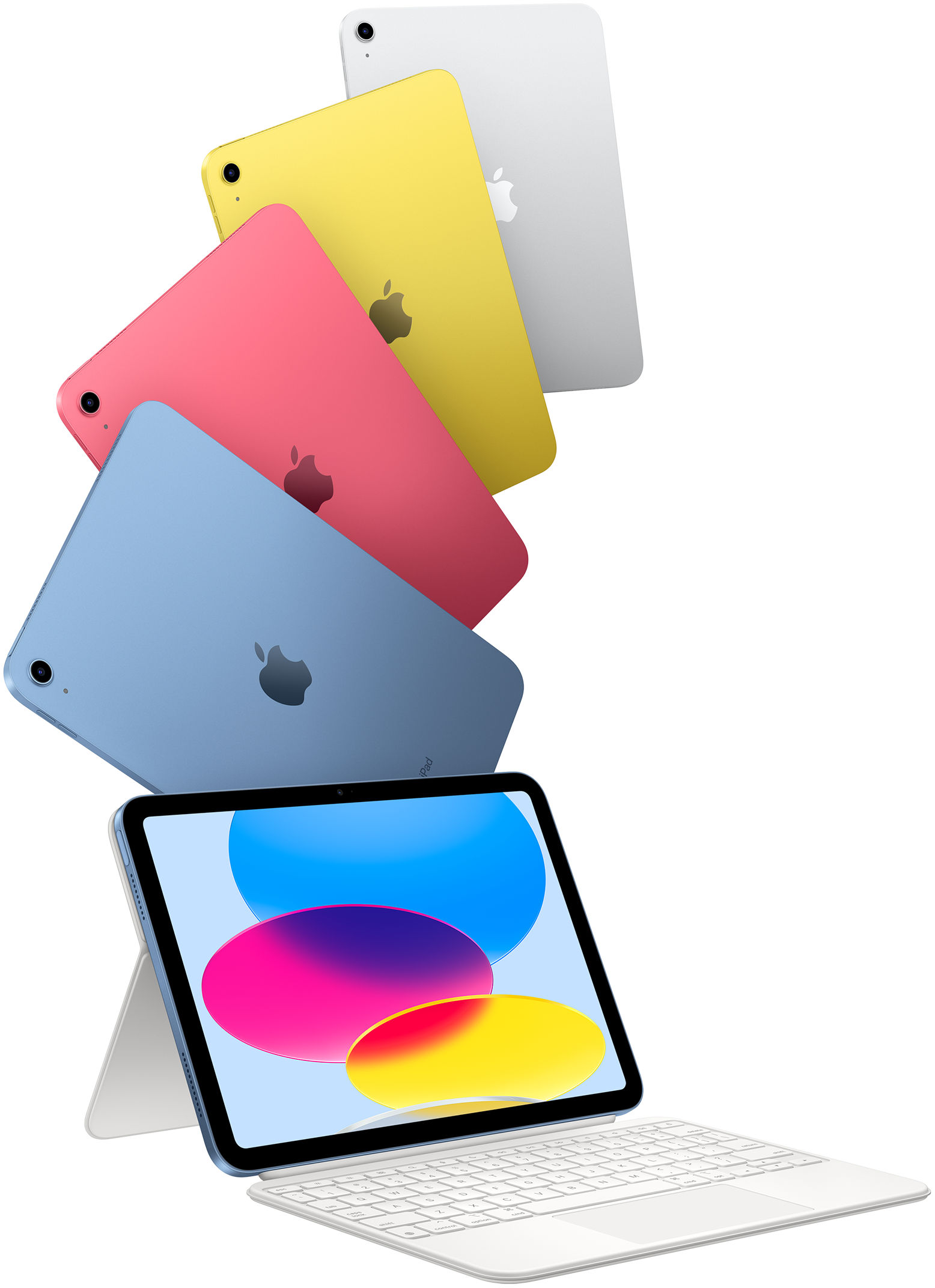 iPad en azul, rosa, amarillo y color plata y un iPad conectado al Magic Keyboard Folio.