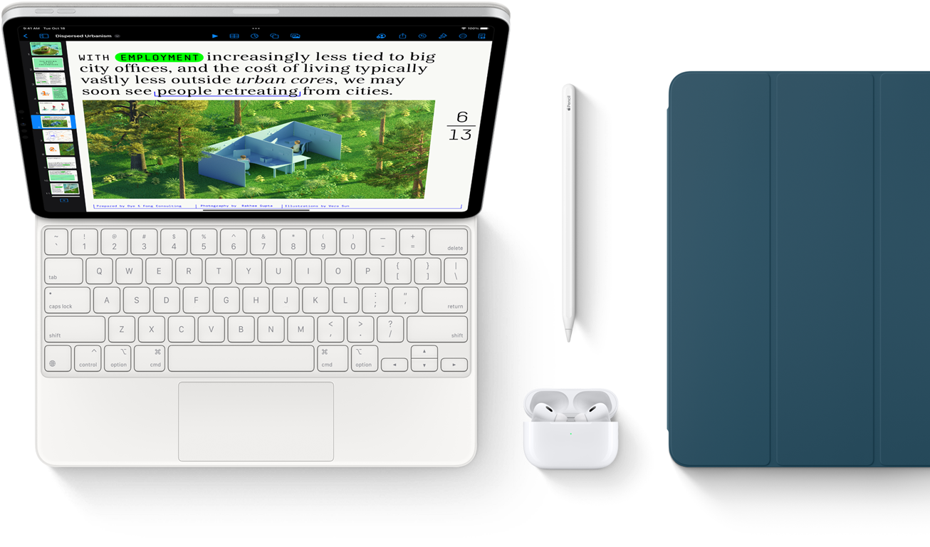 Smart Keyboard Folio, Apple Pencil, AirPods Pro y cubierta para el iPad en Marine Blue.