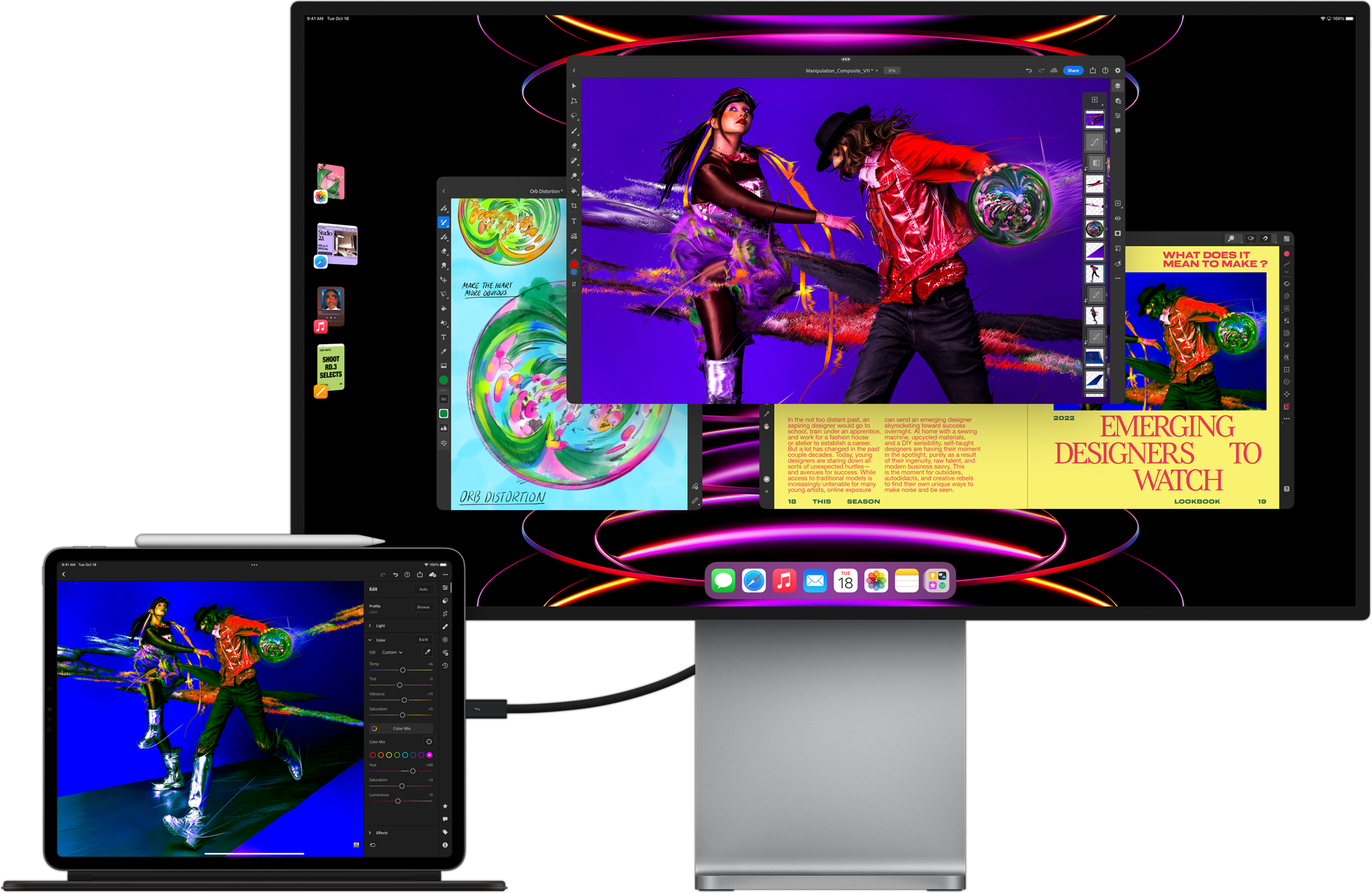 iPad Pro que muestra la aplicación LumaFusion conectada a un monitor externo que muestra multitareas con Stage Manager.