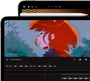 iPad Pro de 11 pulgadas con Apple Pencil Pro sujeto y iPad Pro de 13 pulgadas detrás. Ambos modelos mostrando imágenes brillantes, vibrantes y llenas de color en la pantalla Ultra Retina XDR