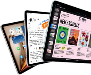 Tres pantallas del iPad Air que muestran las funciones de iPadOS y las aplicaciones