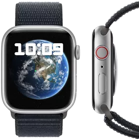 Vista frontal y lateral del nuevo Apple Watch con opciones neutras en carbono