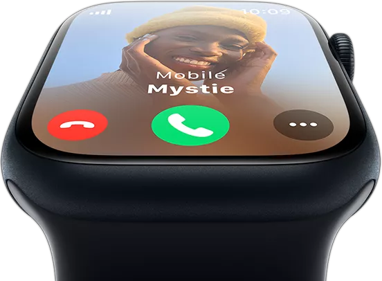Vista frontal del Apple Watch con una pantalla de llamada entrante.