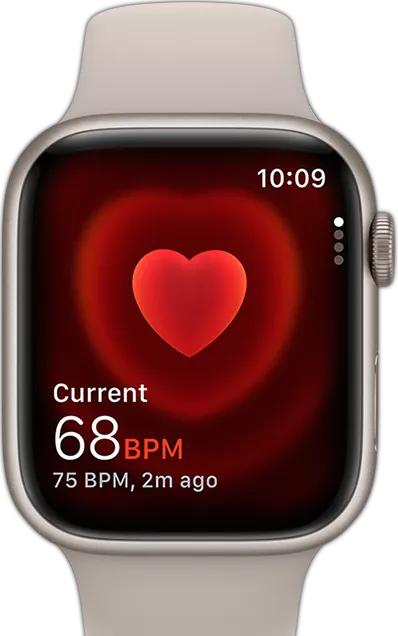 Vista frontal del Apple Watch mostrando la frecuencia cardiaca de una persona.