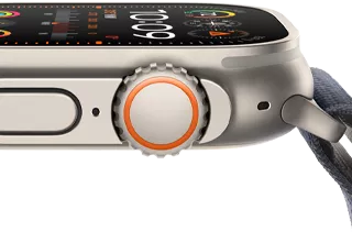 Apple Watch Ultra 2 con una caja de titanio resistente, una pantalla plana, la corona Digital Crown y el botón lateral
