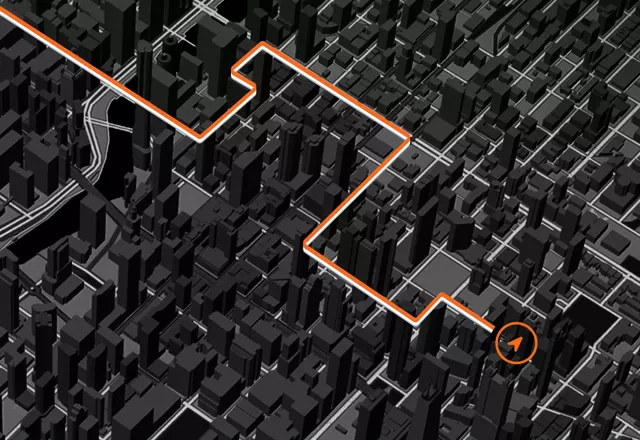 Mapa con una ruta resaltada a través de un entorno urbano denso, mostrando las capacidades del GPS de precisión.