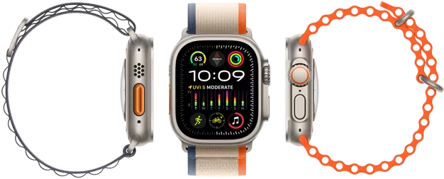Apple Watch Ultra 2 mostrando la compatibilidad con tres tipos de correas diferentes, pantalla grande, caja de titanio resistente, Botón de Acción naranja y corona Digital Crown.