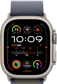 Apple Watch Ultra 2 con una correa Alpine azul, esfera y compilaciones como GPS, temperatura, brújula, altitud y métricas de actividad.