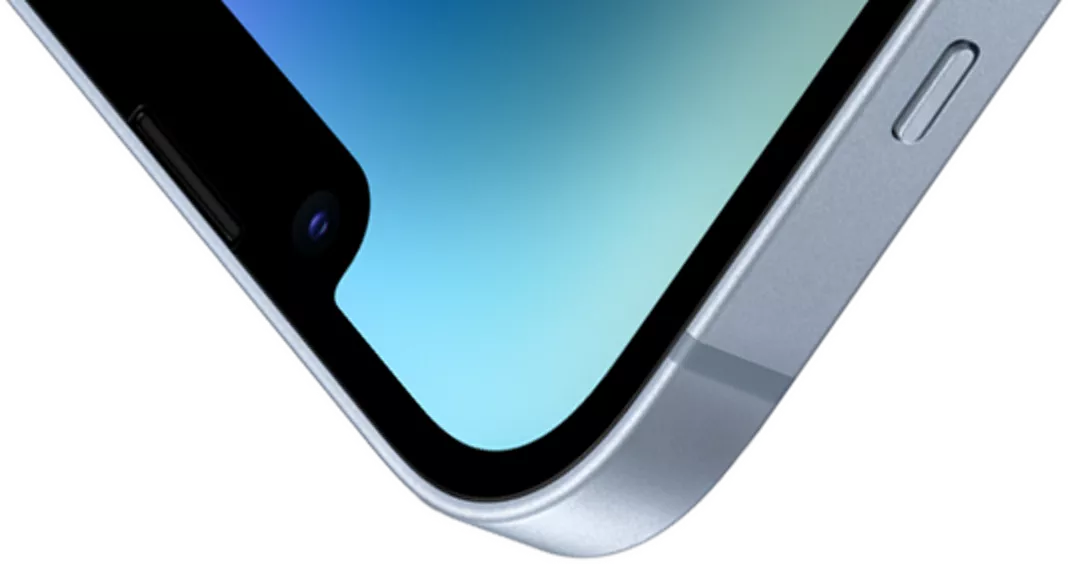 La esquina superior izquierda de un iPhone 14 con el frente de Ceramic Shield.