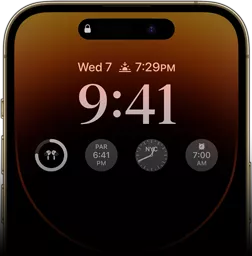 Vista frontal del iPhone 14 Pro mostrando la pantalla siempre activa con la hora, la fecha, cuatro widgets y mucho más.