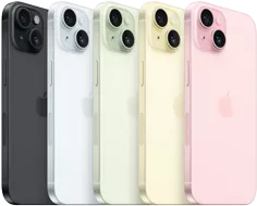 iPhone 15, vista posterior que muestra el sistema avanzado de cámaras y el vidrio con infusión de color en todos los acabados: negro, azul, verde, amarillo, rosa.