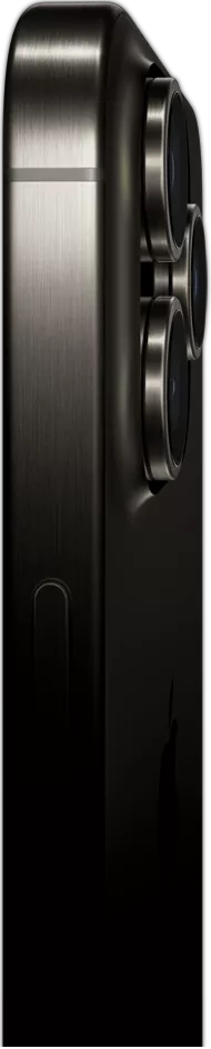 Vista lateral del iPhone 15 Pro Max con un diseño de titanio mostrando el botón de encendido